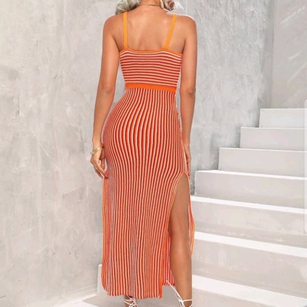 Sherbet striped cutout split hem midi dress summer beachy vacay trendy - Picture 4 of 7